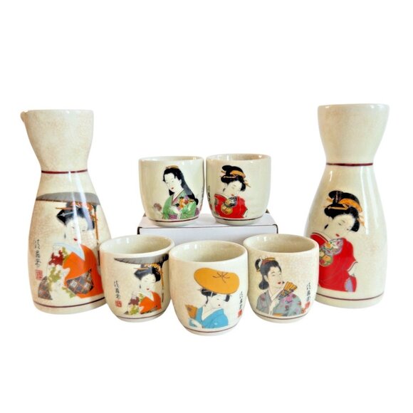 Japan Saki Set Geisha Kutani Porcelain 7pc 2 Tokkuri 5 Ochoko MCM Multicolor - Picture 3 of 16